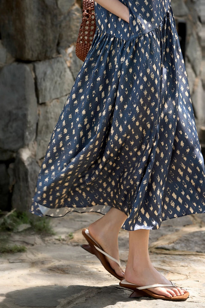 100% Silk Twill Printed Trapeze Midi Dress  Fibflx