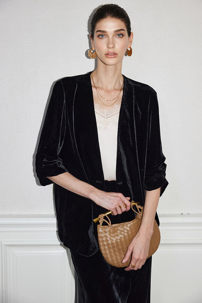 100% Silk Velvet 3/4 Sleeve Collarless Blazer Black / M Fibflx