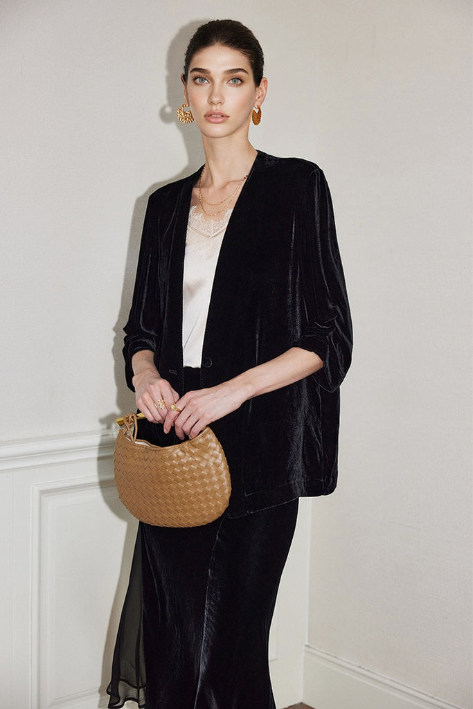 100% Silk Velvet 3/4 Sleeve Collarless Blazer  Fibflx