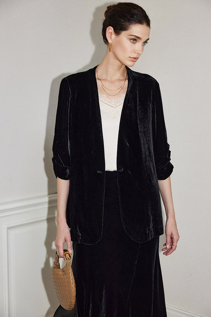 100% Silk Velvet 3/4 Sleeve Collarless Blazer  Fibflx
