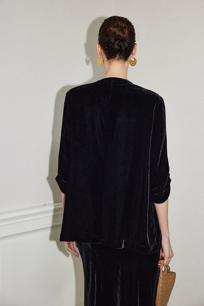 100% Silk Velvet 3/4 Sleeve Collarless Blazer  Fibflx