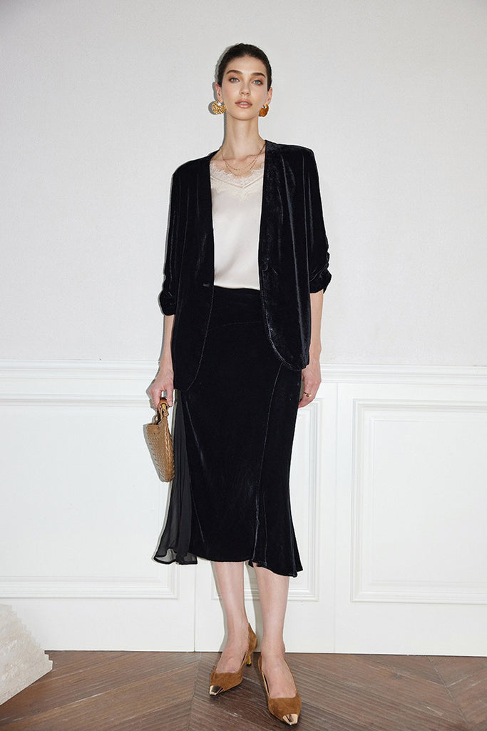 100% Silk Velvet 3/4 Sleeve Collarless Blazer  Fibflx