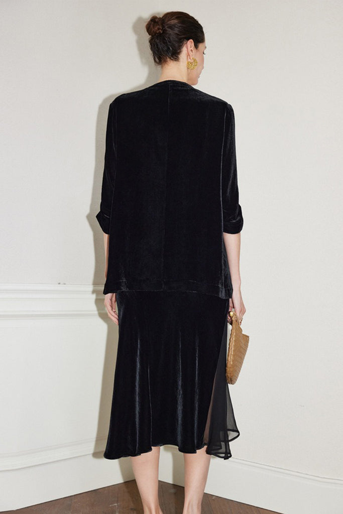 100% Silk Velvet 3/4 Sleeve Collarless Blazer  Fibflx