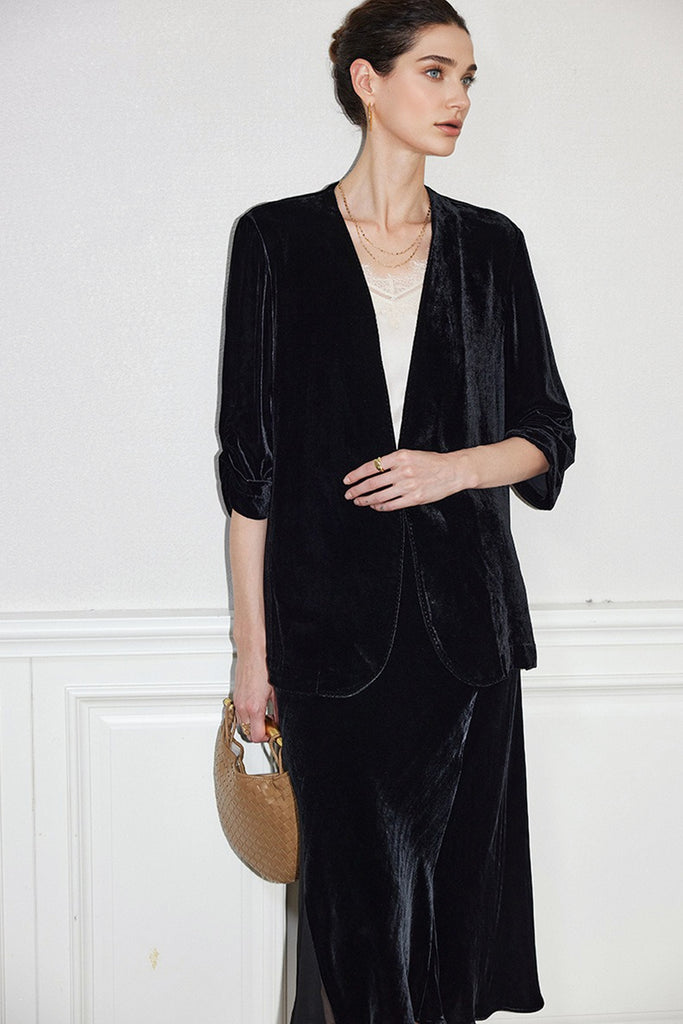 100% Silk Velvet 3/4 Sleeve Collarless Blazer  Fibflx