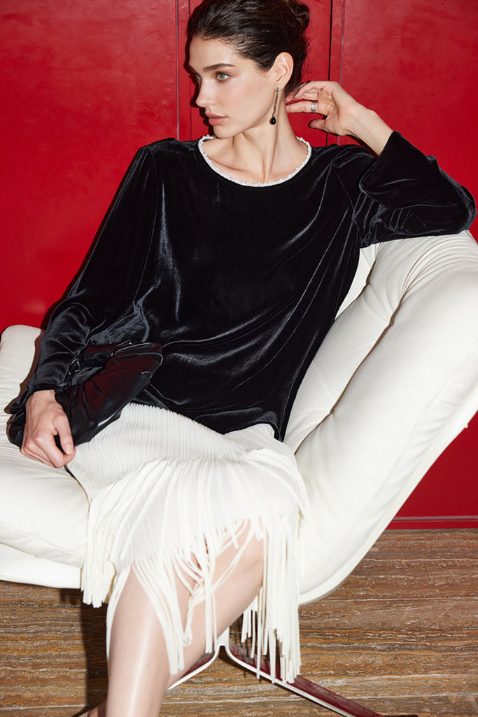 100% Silk Velvet Beaded Neckline Blouse with Floral Burnout Back  Fibflx