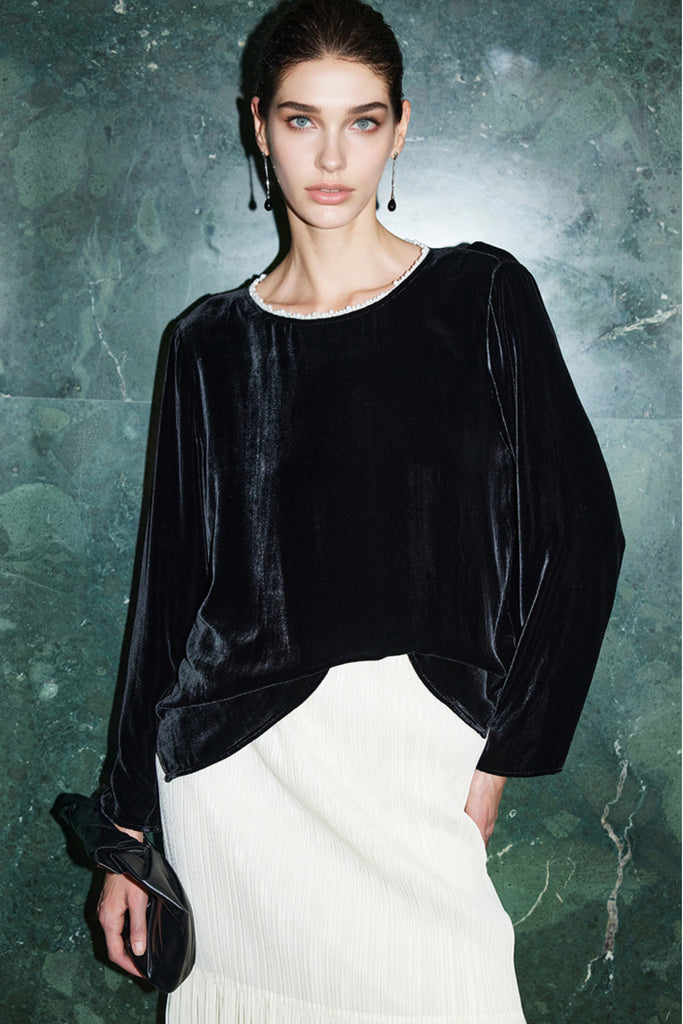 100% Silk Velvet Beaded Neckline Blouse with Floral Burnout Back  Fibflx