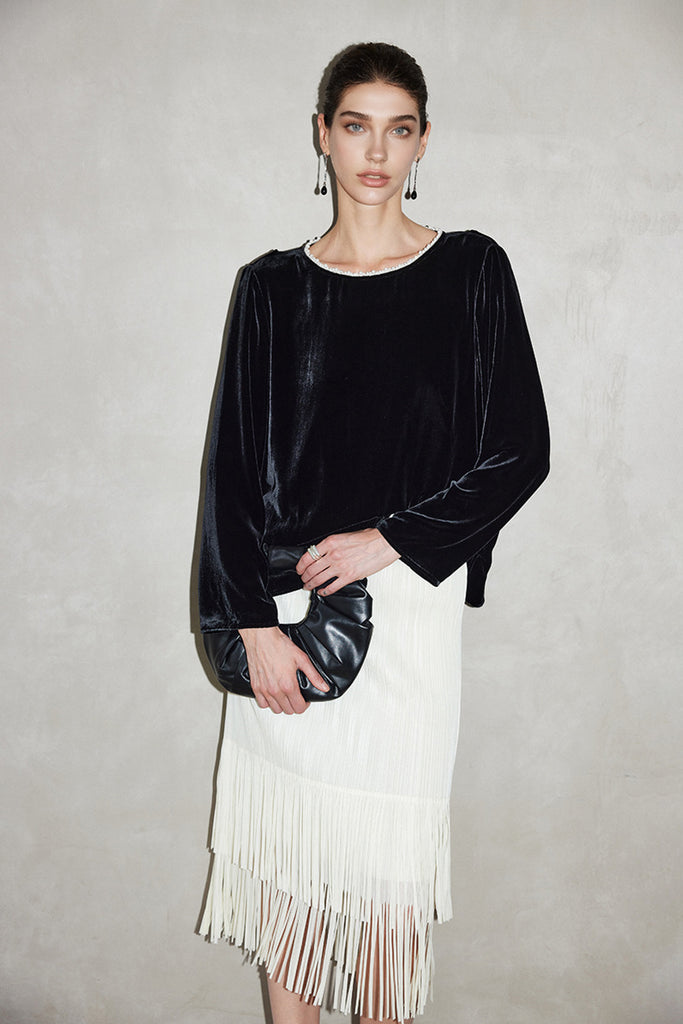 100% Silk Velvet Beaded Neckline Blouse with Floral Burnout Back  Fibflx