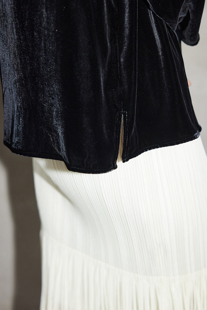 100% Silk Velvet Beaded Neckline Blouse with Floral Burnout Back  Fibflx