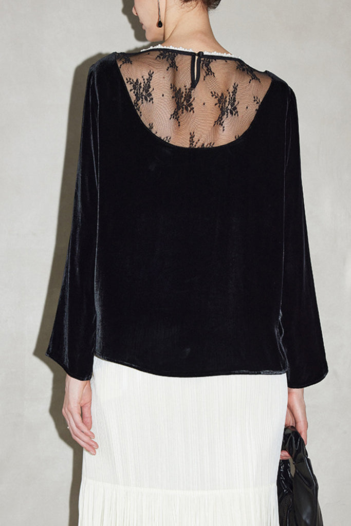 100% Silk Velvet Beaded Neckline Blouse with Floral Burnout Back  Fibflx