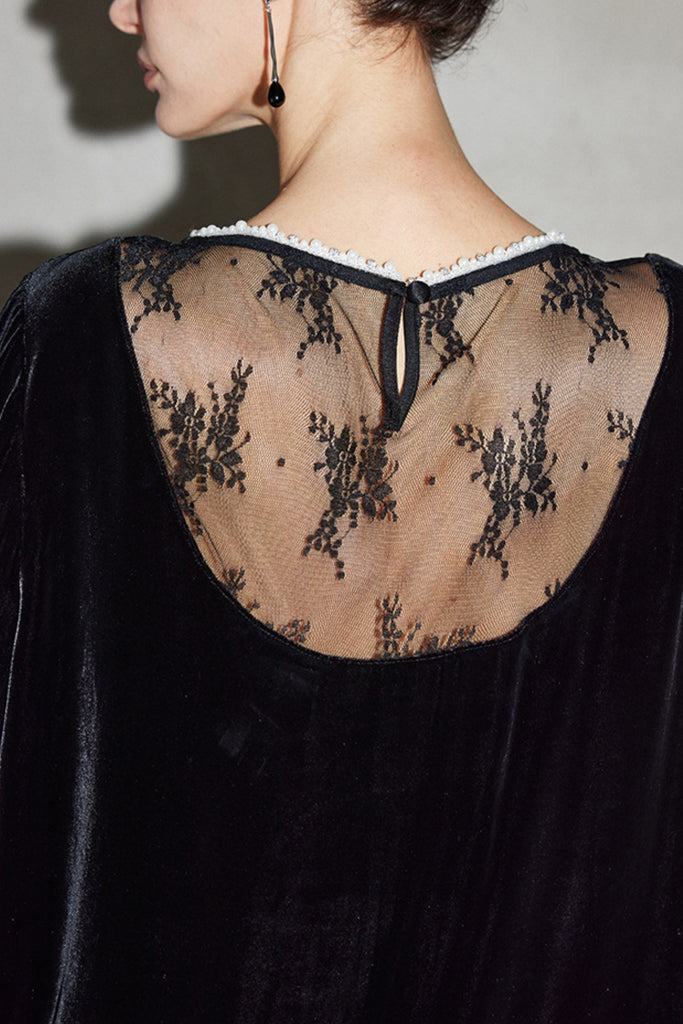 100% Silk Velvet Beaded Neckline Blouse with Floral Burnout Back  Fibflx