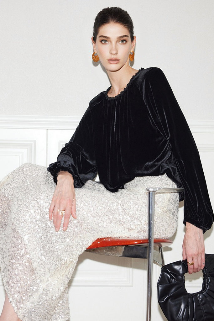 100% Silk Velvet Beaded Neckline Blouse with Keyhole Back Black / M Fibflx