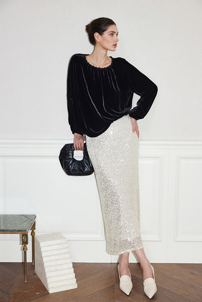 100% Silk Velvet Beaded Neckline Blouse with Keyhole Back  Fibflx