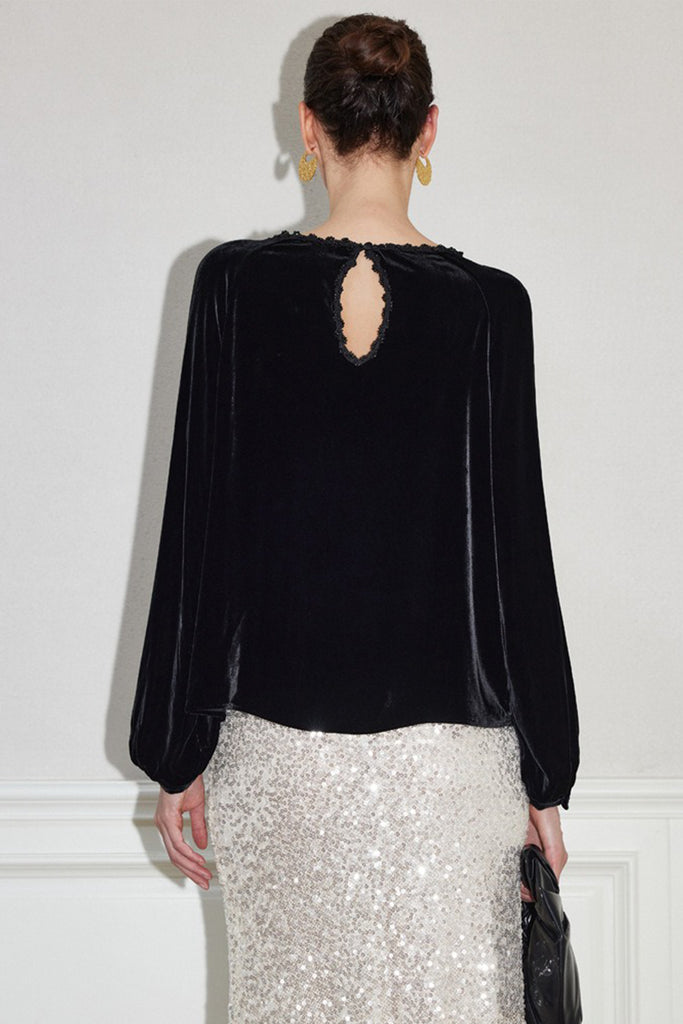 100% Silk Velvet Beaded Neckline Blouse with Keyhole Back  Fibflx