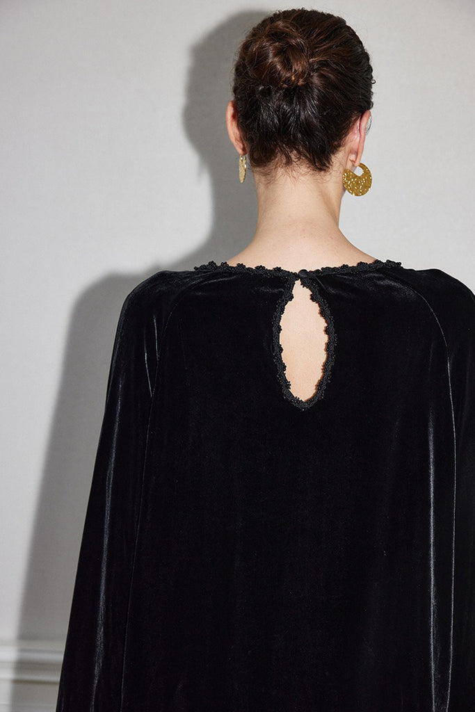 100% Silk Velvet Beaded Neckline Blouse with Keyhole Back  Fibflx