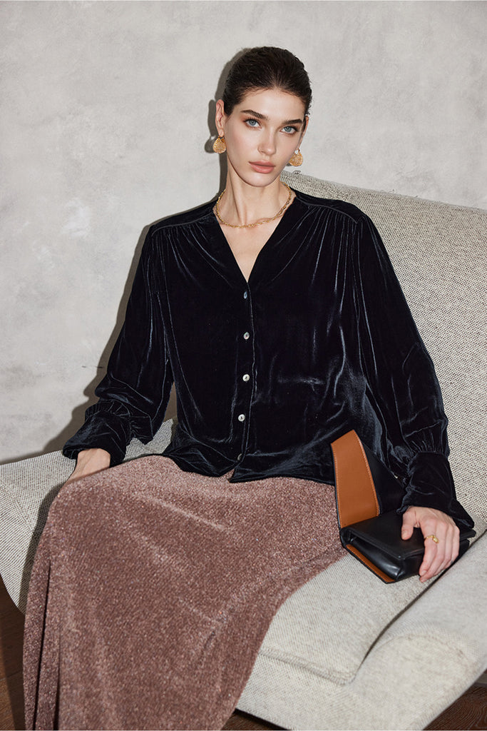 100% Silk Velvet Button-Up V-Neck Blouse  Fibflx