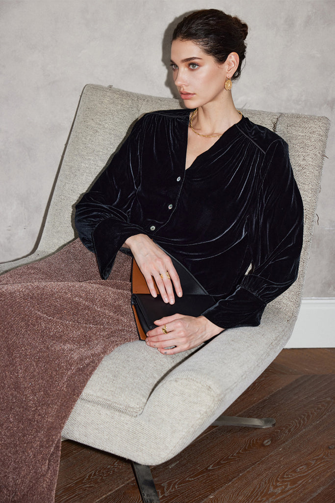 100% Silk Velvet Button-Up V-Neck Blouse  Fibflx