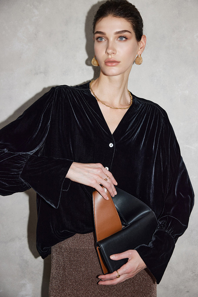 100% Silk Velvet Button-Up V-Neck Blouse  Fibflx