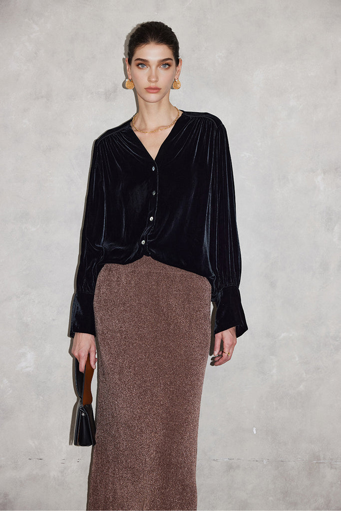 100% Silk Velvet Button-Up V-Neck Blouse  Fibflx