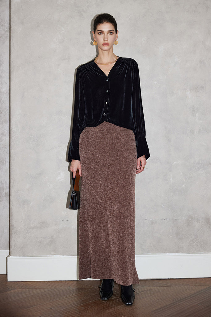 100% Silk Velvet Button-Up V-Neck Blouse  Fibflx