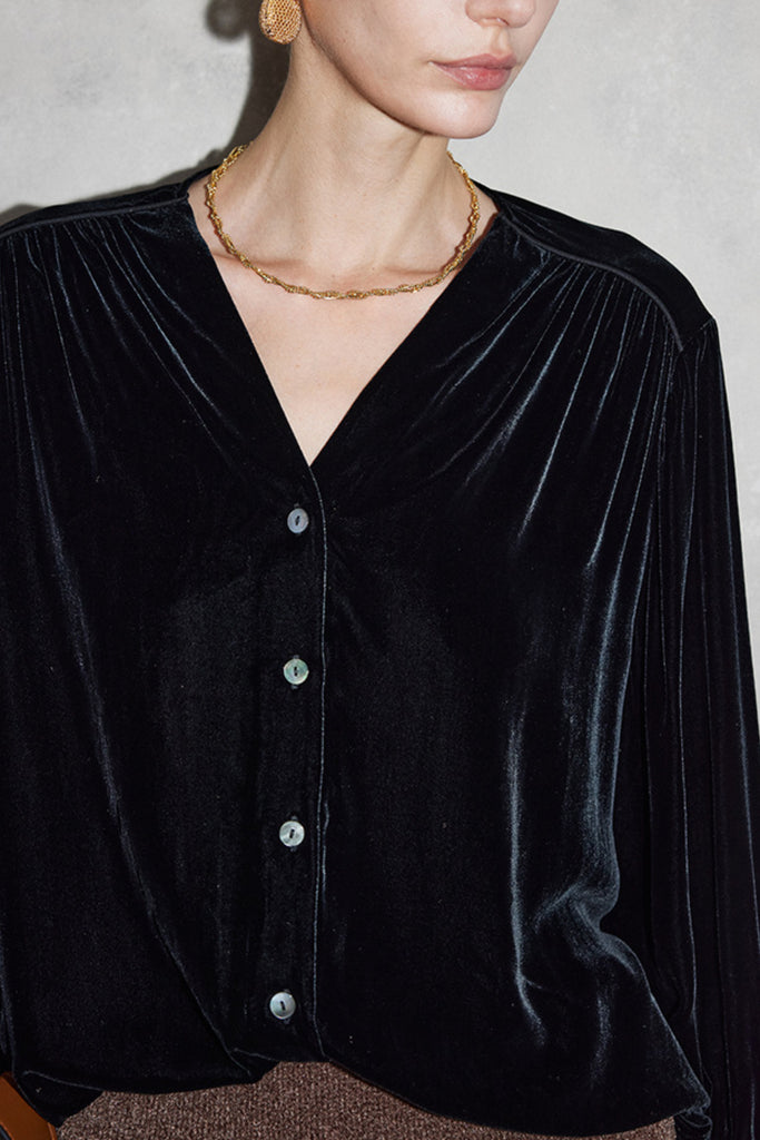 100% Silk Velvet Button-Up V-Neck Blouse  Fibflx
