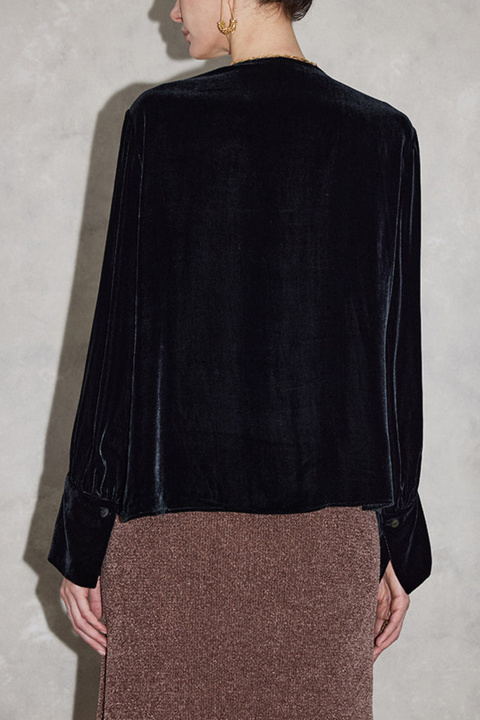 100% Silk Velvet Button-Up V-Neck Blouse  Fibflx