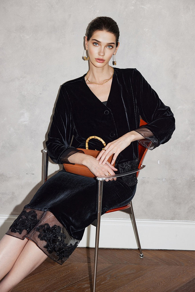 100% Silk Velvet Collarless Blazer with Embroidered Organza  Fibflx