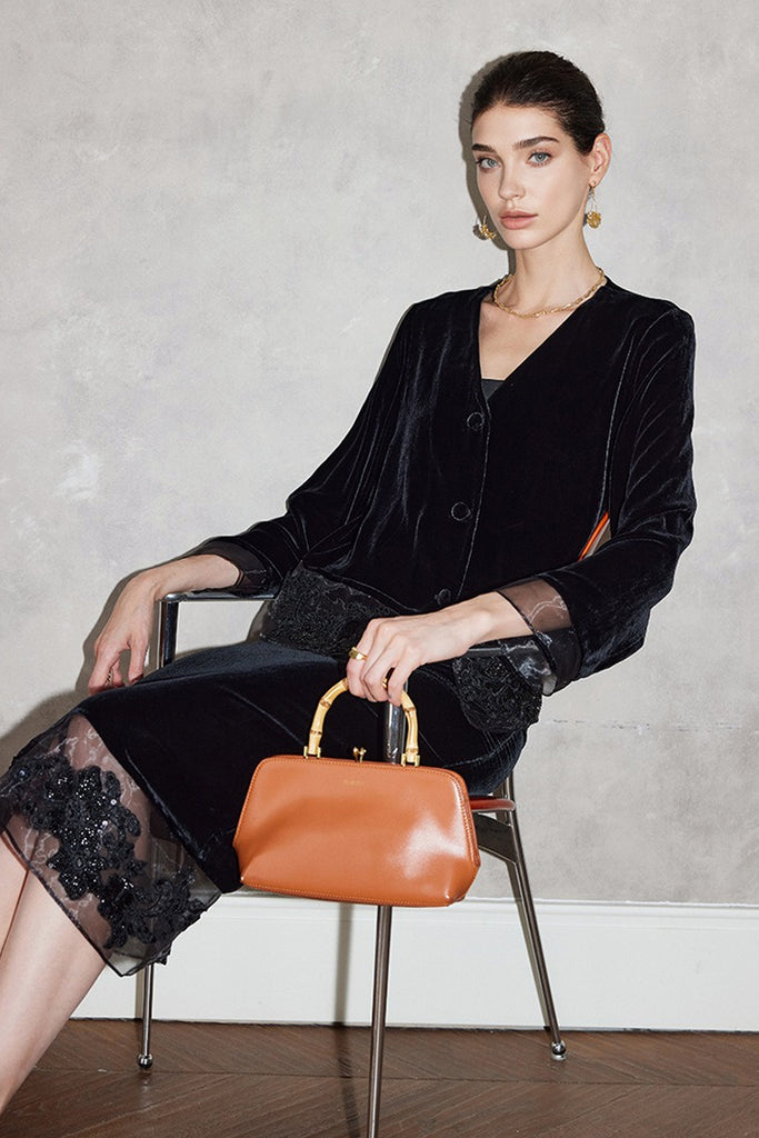 100% Silk Velvet Collarless Blazer with Embroidered Organza  Fibflx