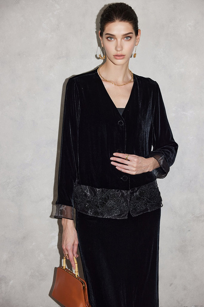100% Silk Velvet Collarless Blazer with Embroidered Organza  Fibflx