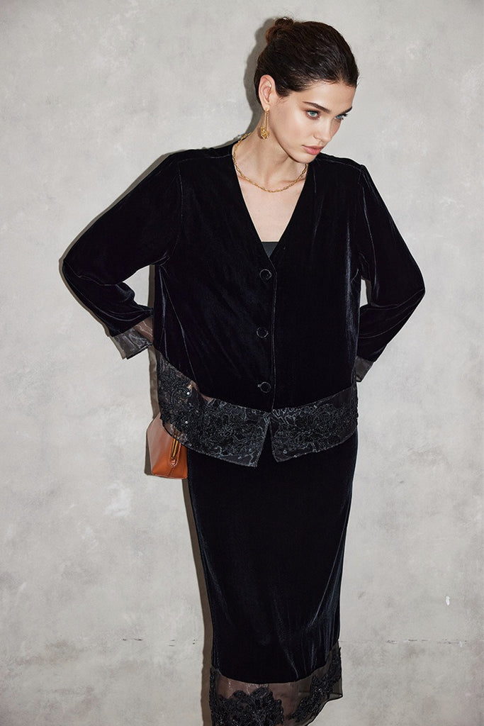 100% Silk Velvet Collarless Blazer with Embroidered Organza  Fibflx