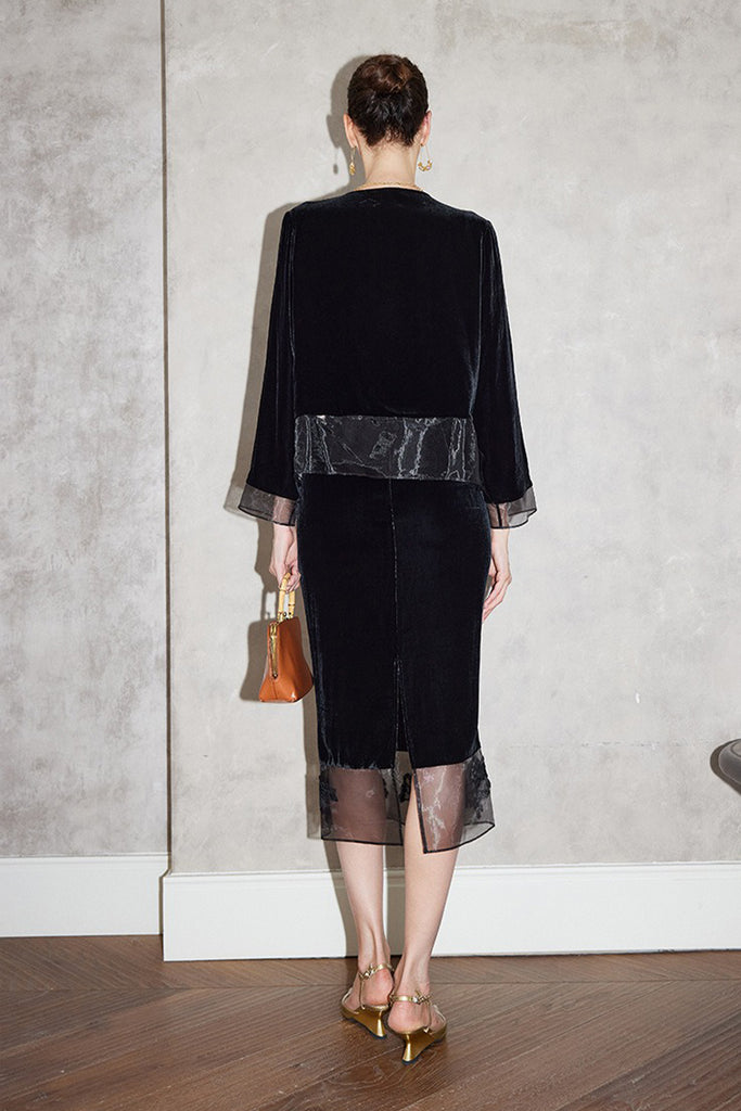 100% Silk Velvet Collarless Blazer with Embroidered Organza  Fibflx