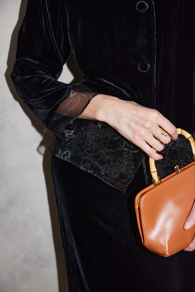 100% Silk Velvet Collarless Blazer with Embroidered Organza  Fibflx