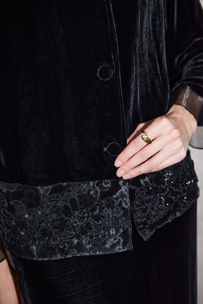 100% Silk Velvet Collarless Blazer with Embroidered Organza  Fibflx