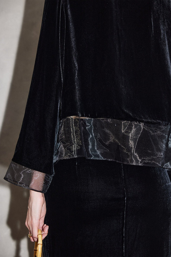 100% Silk Velvet Collarless Blazer with Embroidered Organza  Fibflx