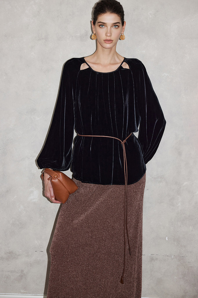 100% Silk Velvet Cutout Balloon Sleeve Blouse  Fibflx