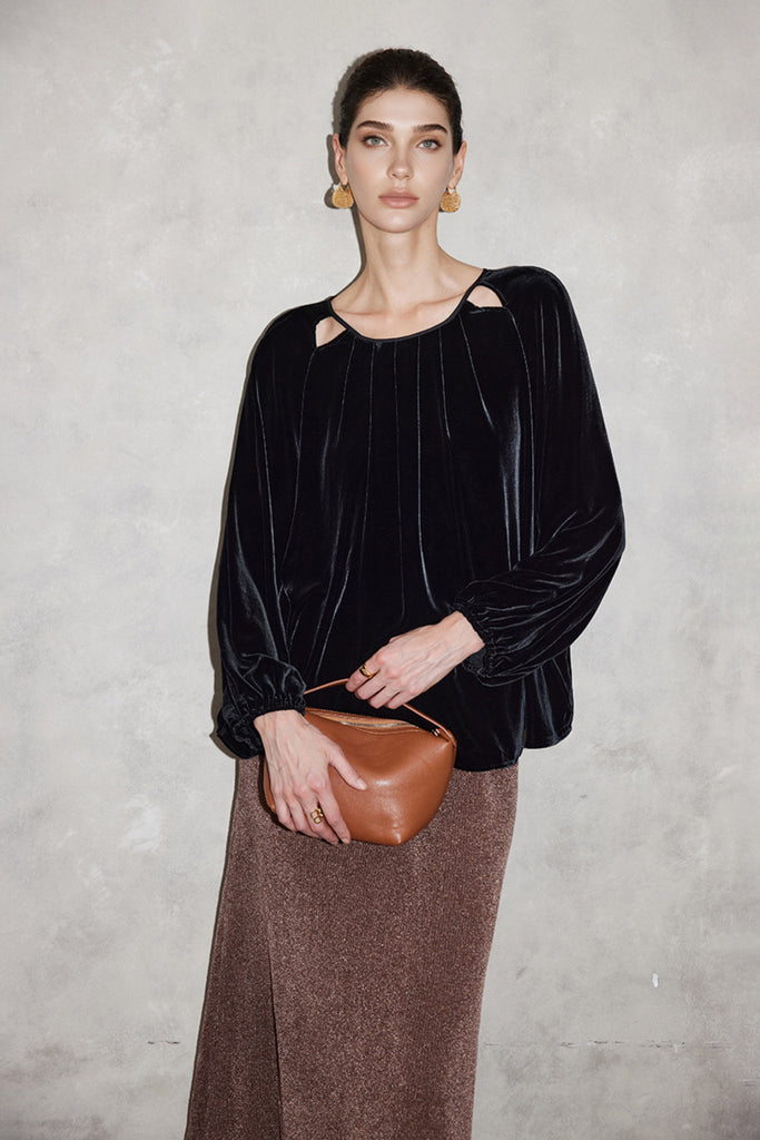 100% Silk Velvet Cutout Balloon Sleeve Blouse  Fibflx