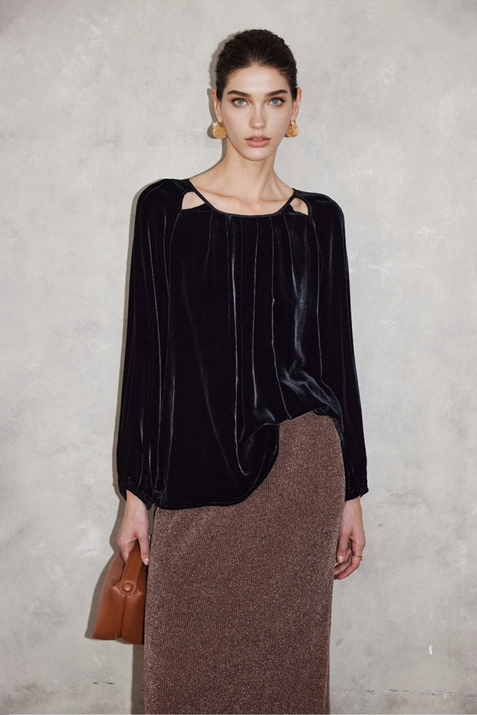 100% Silk Velvet Cutout Balloon Sleeve Blouse  Fibflx