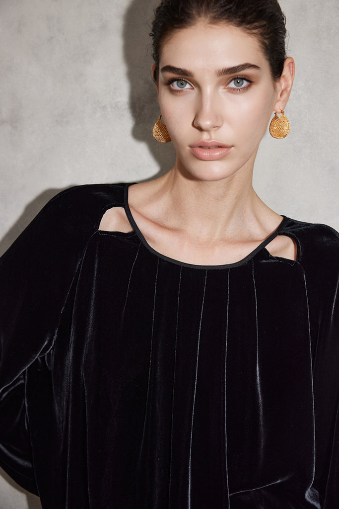 100% Silk Velvet Cutout Balloon Sleeve Blouse  Fibflx