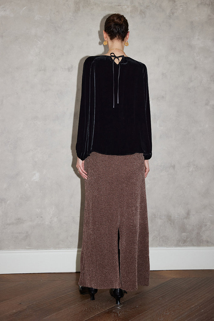 100% Silk Velvet Cutout Balloon Sleeve Blouse  Fibflx