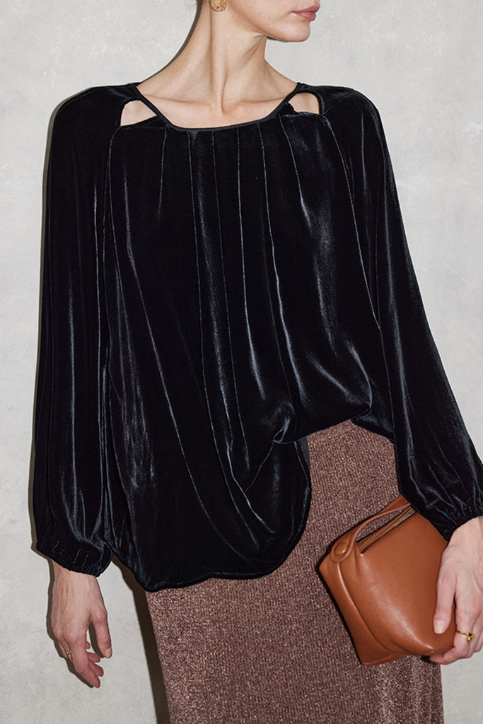 100% Silk Velvet Cutout Balloon Sleeve Blouse  Fibflx