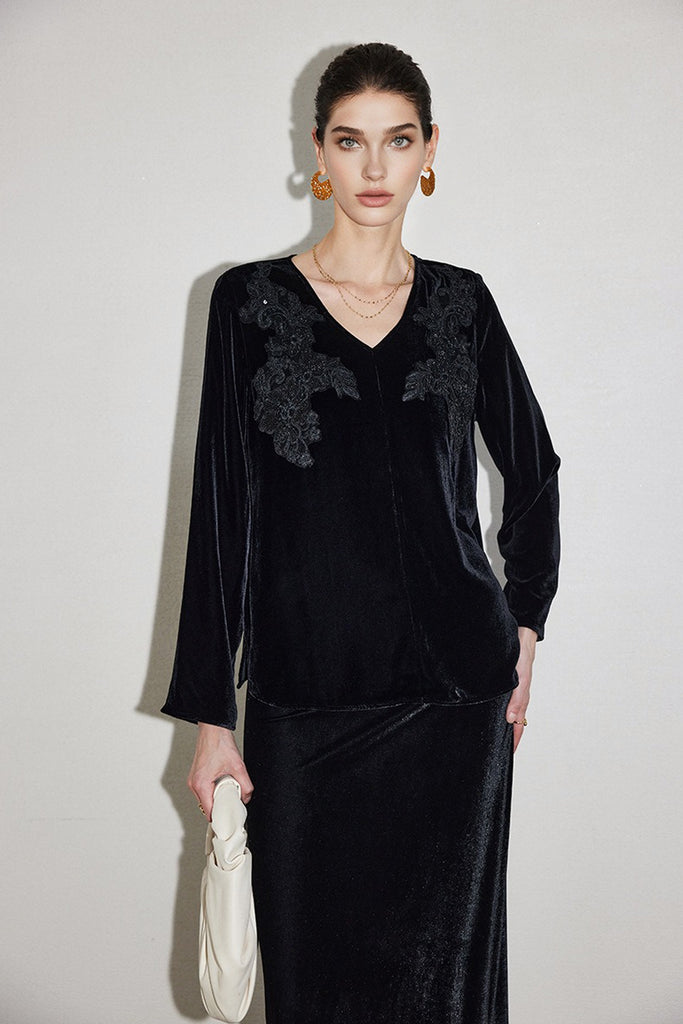 100% Silk Velvet Floral Embroidered V-Neck Blouse  Fibflx