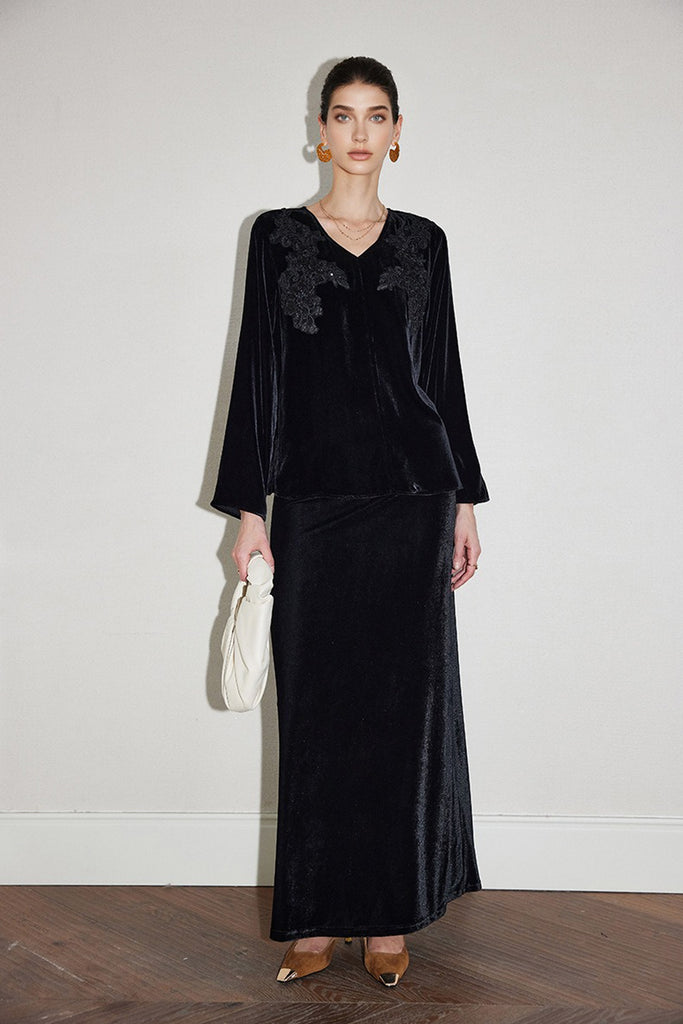 100% Silk Velvet Floral Embroidered V-Neck Blouse  Fibflx