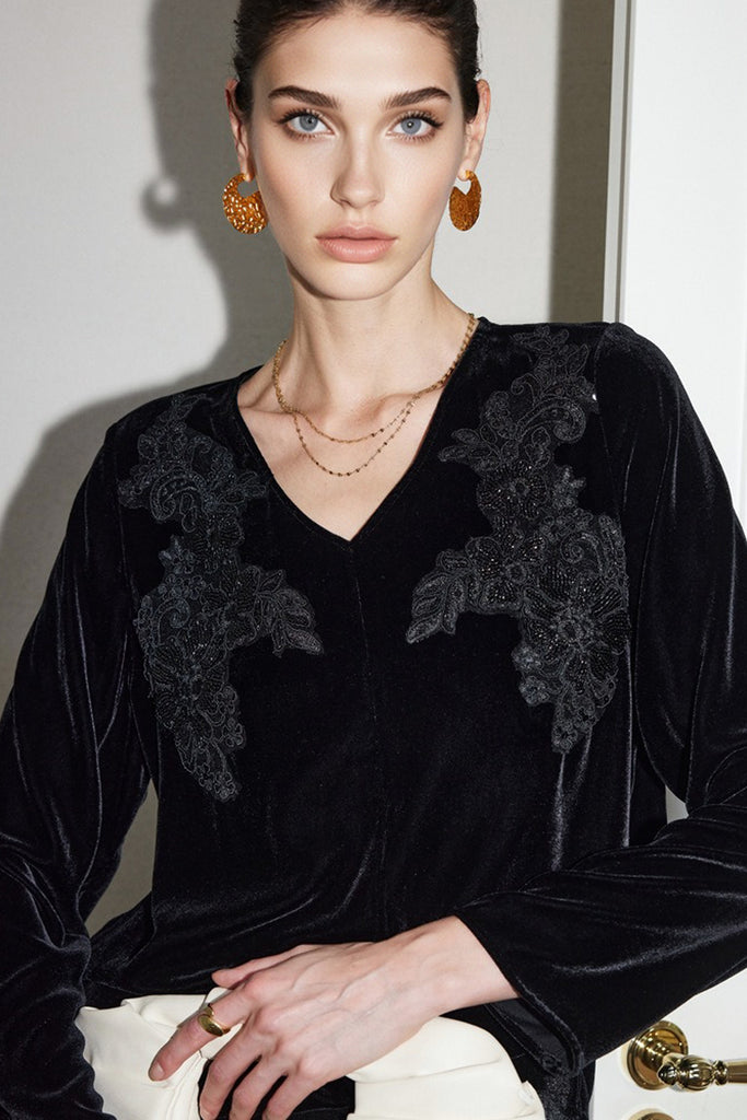 100% Silk Velvet Floral Embroidered V-Neck Blouse  Fibflx