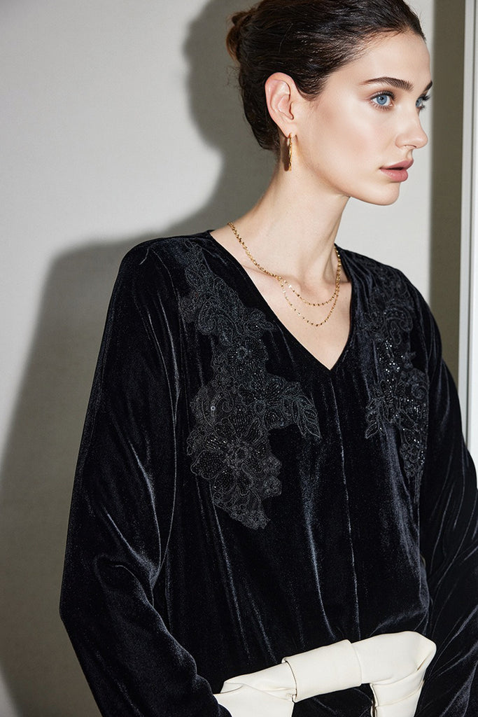 100% Silk Velvet Floral Embroidered V-Neck Blouse  Fibflx