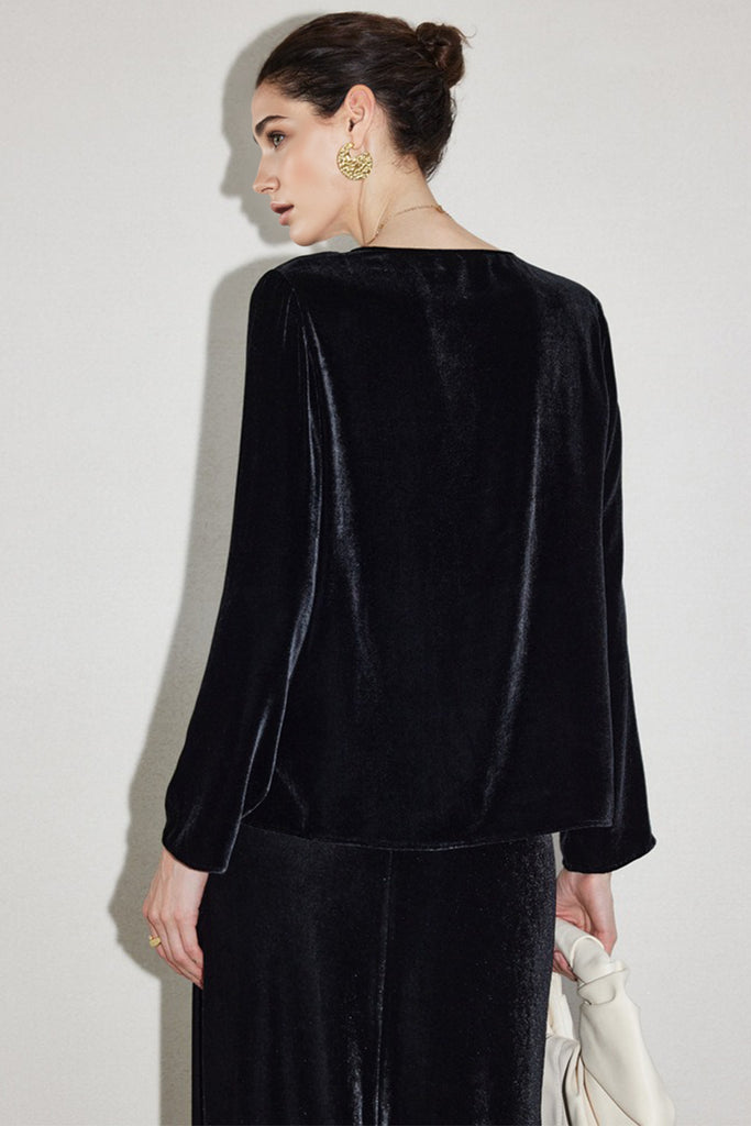 100% Silk Velvet Floral Embroidered V-Neck Blouse  Fibflx