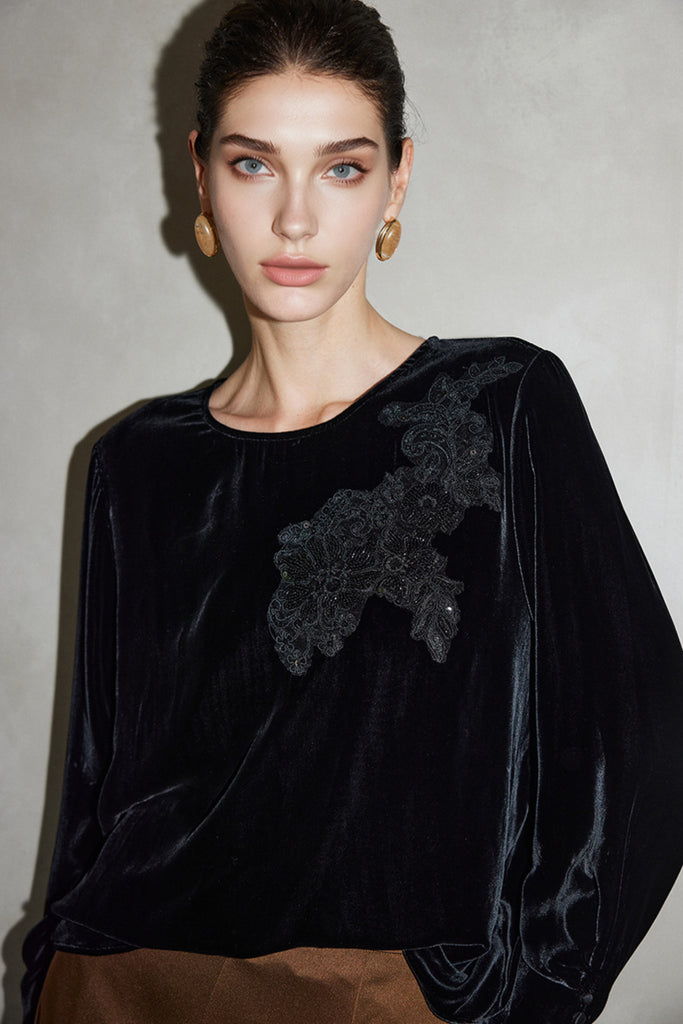 100% Silk Velvet Long Sleeve Embroidered Blouse  Fibflx