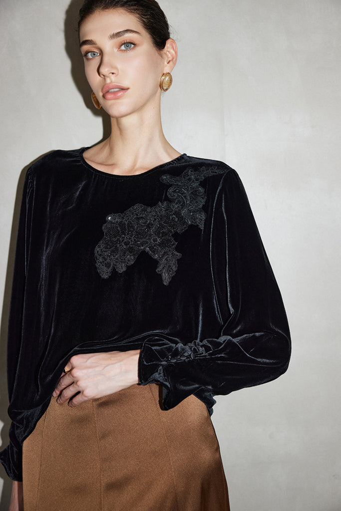 100% Silk Velvet Long Sleeve Embroidered Blouse  Fibflx