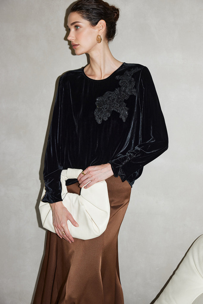 100% Silk Velvet Long Sleeve Embroidered Blouse  Fibflx