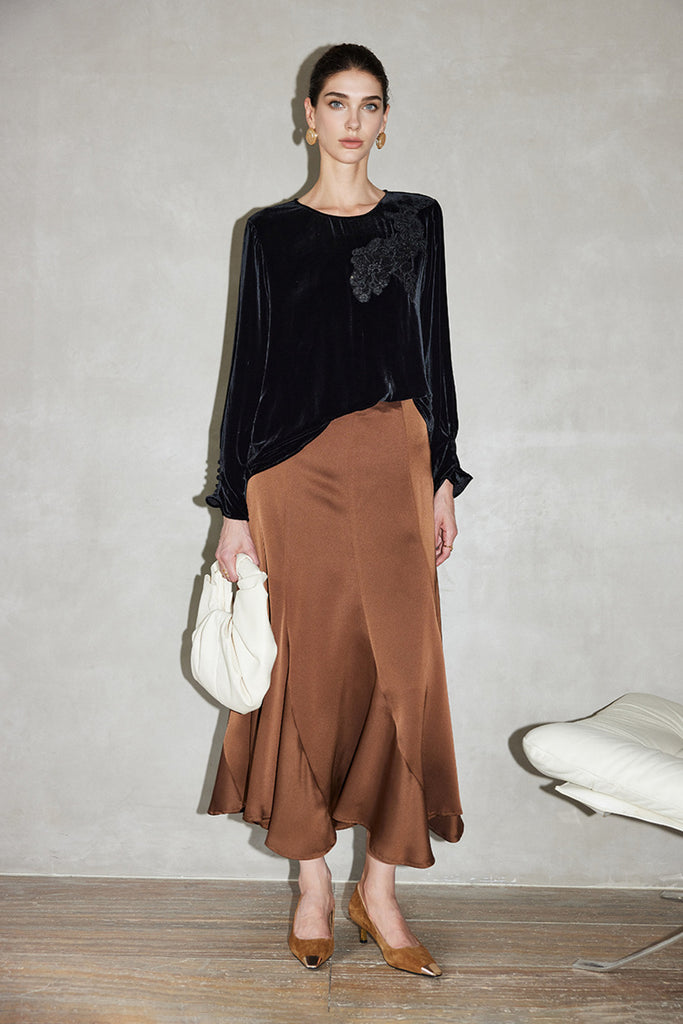 100% Silk Velvet Long Sleeve Embroidered Blouse  Fibflx