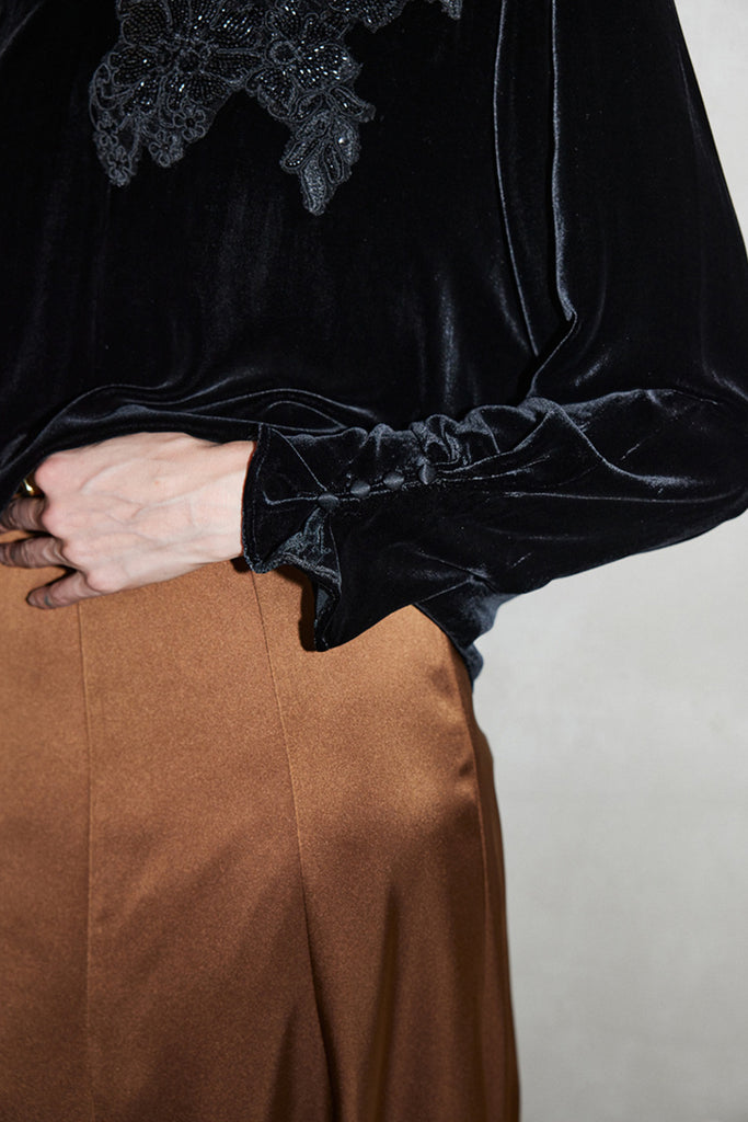 100% Silk Velvet Long Sleeve Embroidered Blouse  Fibflx
