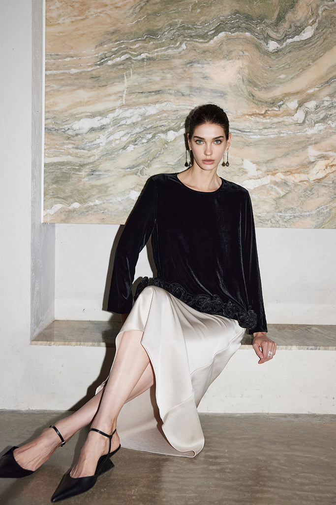 100% Silk Velvet Long Sleeve Ruffle Hem Blouse  Fibflx